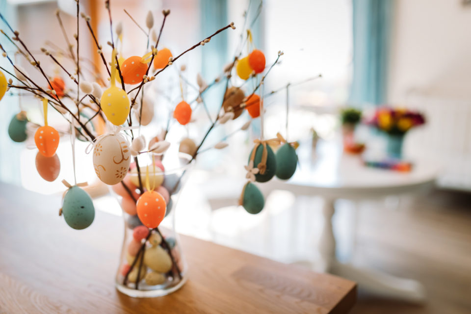 Perfect colorful beautiful Easter eggs in a modern kitchen